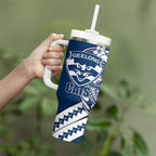 Personalized Geelong Cats Tumbler With Handle Polynesian Tribal Cat Mascot With Hibiscus Floral Art