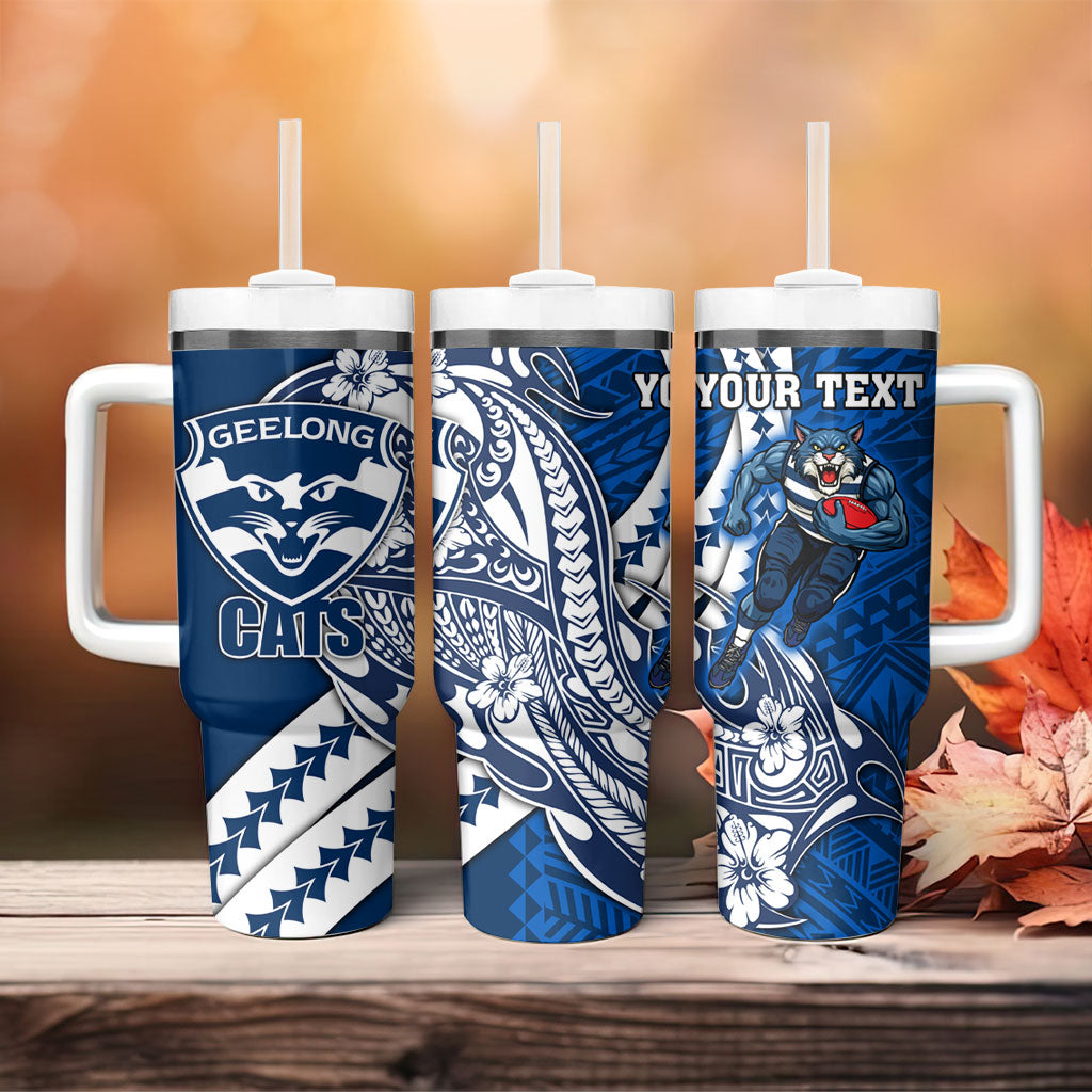 Personalized Geelong Cats Tumbler With Handle Polynesian Tribal Cat Mascot With Hibiscus Floral Art