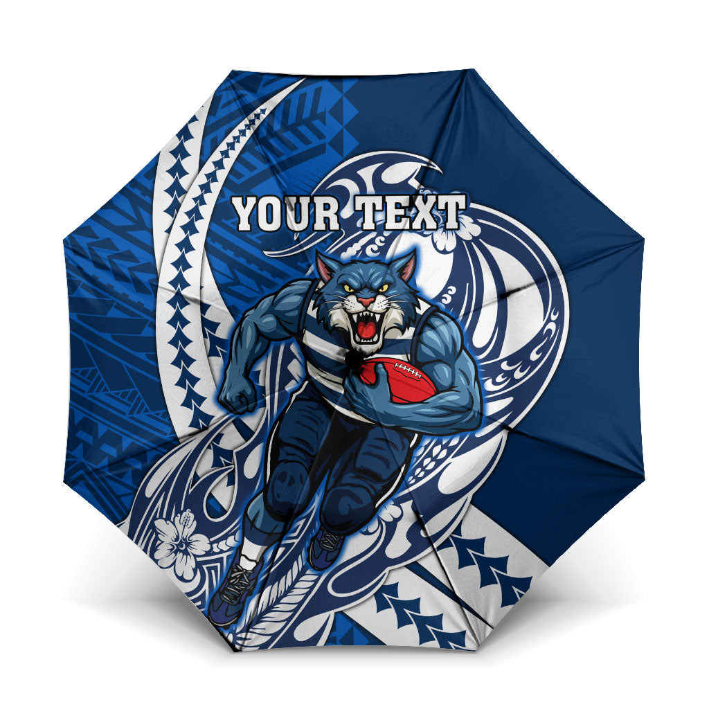 Personalized Geelong Cats Umbrella Polynesian Tribal Cat Mascot With Hibiscus Floral Art