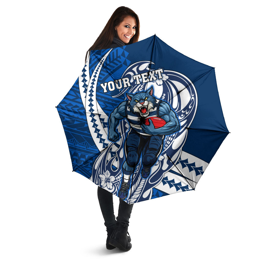 Personalized Geelong Cats Umbrella Polynesian Tribal Cat Mascot With Hibiscus Floral Art
