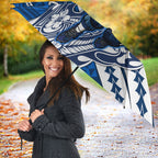 Personalized Geelong Cats Umbrella Polynesian Tribal Cat Mascot With Hibiscus Floral Art