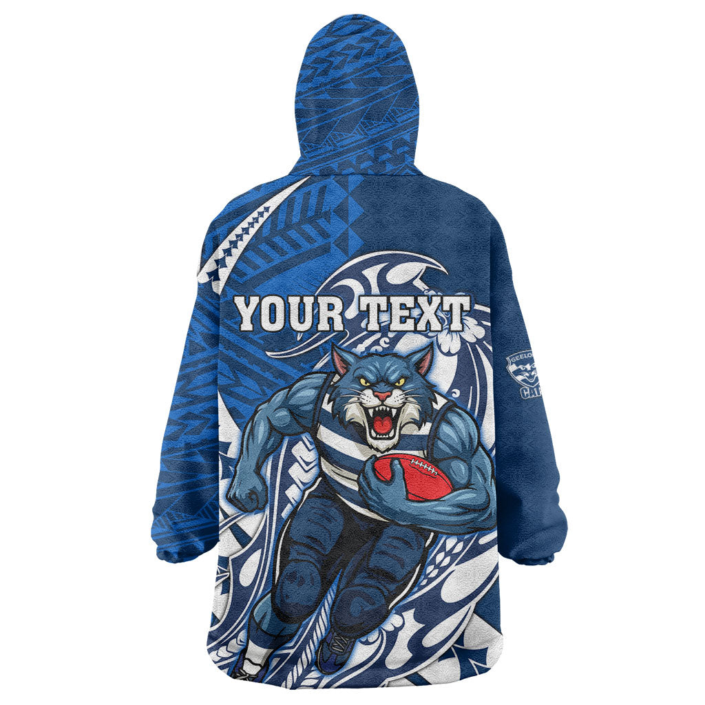 Personalized Geelong Cats Wearable Blanket Hoodie Polynesian Tribal Cat Mascot With Hibiscus Floral Art