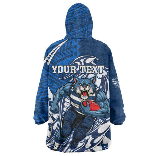 Personalized Geelong Cats Wearable Blanket Hoodie Polynesian Tribal Cat Mascot With Hibiscus Floral Art