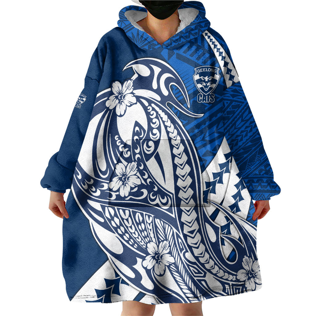 Personalized Geelong Cats Wearable Blanket Hoodie Polynesian Tribal Cat Mascot With Hibiscus Floral Art