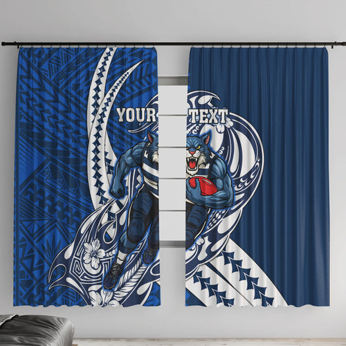 Personalized Geelong Cats Window Curtain Polynesian Tribal Cat Mascot With Hibiscus Floral Art