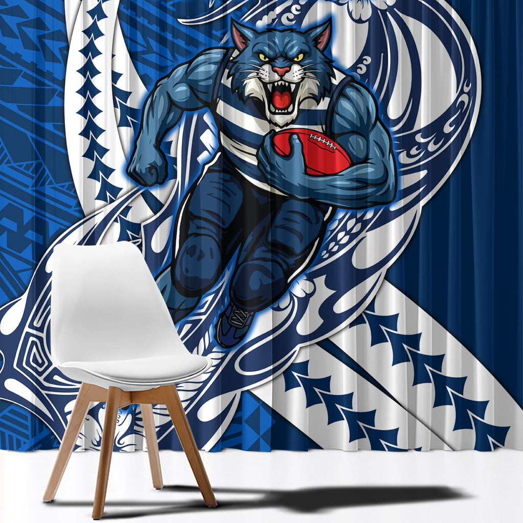 Personalized Geelong Cats Window Curtain Polynesian Tribal Cat Mascot With Hibiscus Floral Art
