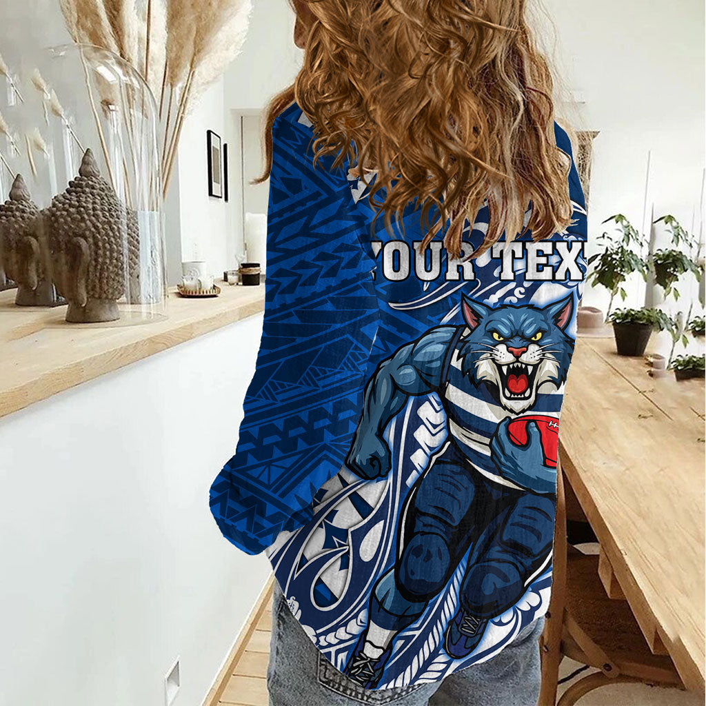Personalized Geelong Cats Women Casual Shirt Polynesian Tribal Cat Mascot With Hibiscus Floral Art
