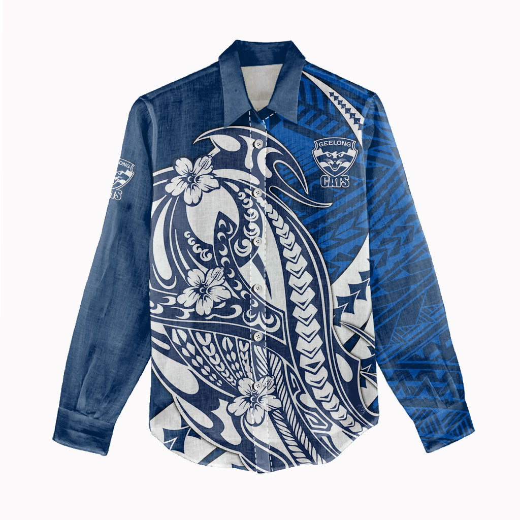 Personalized Geelong Cats Women Casual Shirt Polynesian Tribal Cat Mascot With Hibiscus Floral Art