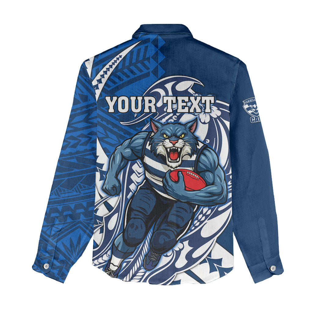 Personalized Geelong Cats Women Casual Shirt Polynesian Tribal Cat Mascot With Hibiscus Floral Art