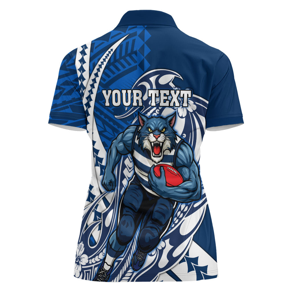 Personalized Geelong Cats Women Polo Shirt Polynesian Tribal Cat Mascot With Hibiscus Floral Art