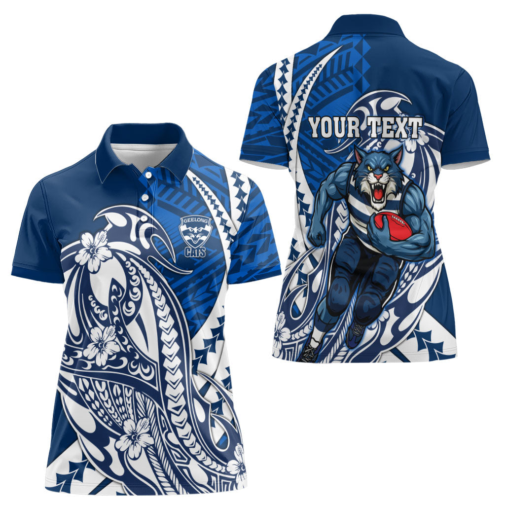 Personalized Geelong Cats Women Polo Shirt Polynesian Tribal Cat Mascot With Hibiscus Floral Art