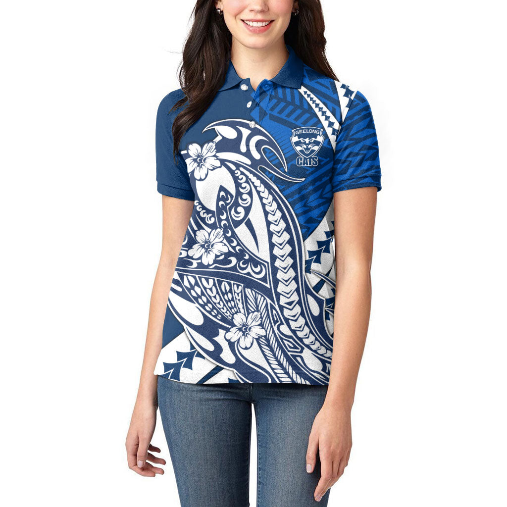 Personalized Geelong Cats Women Polo Shirt Polynesian Tribal Cat Mascot With Hibiscus Floral Art
