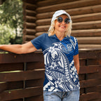 Personalized Geelong Cats Women Polo Shirt Polynesian Tribal Cat Mascot With Hibiscus Floral Art