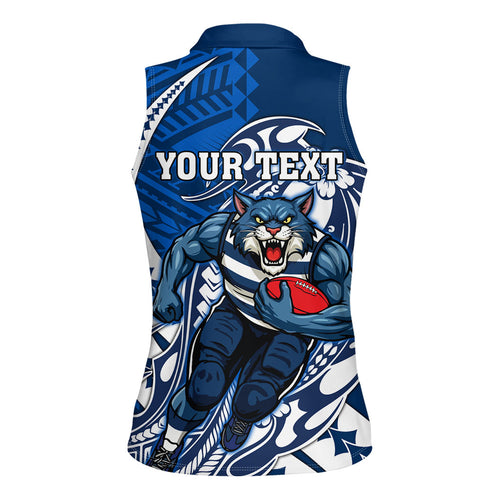 Personalized Geelong Cats Women Sleeveless Polo Shirt Polynesian Tribal Cat Mascot With Hibiscus Floral Art