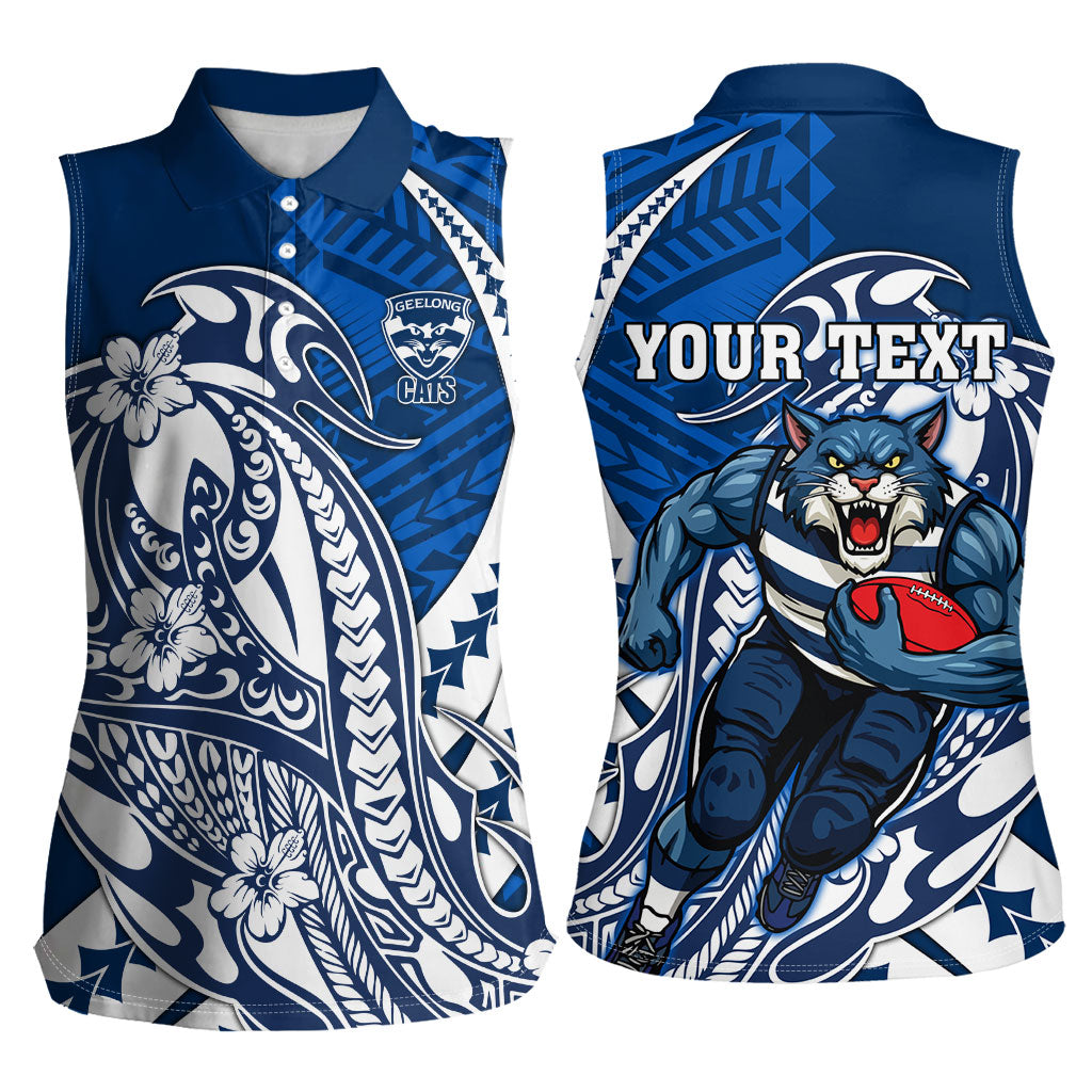 Personalized Geelong Cats Women Sleeveless Polo Shirt Polynesian Tribal Cat Mascot With Hibiscus Floral Art