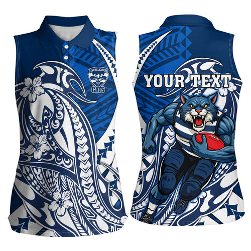 Personalized Geelong Cats Women Sleeveless Polo Shirt Polynesian Tribal Cat Mascot With Hibiscus Floral Art