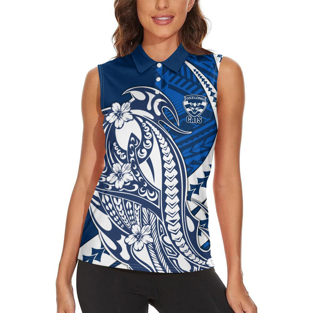 Personalized Geelong Cats Women Sleeveless Polo Shirt Polynesian Tribal Cat Mascot With Hibiscus Floral Art