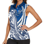 Personalized Geelong Cats Women Sleeveless Polo Shirt Polynesian Tribal Cat Mascot With Hibiscus Floral Art