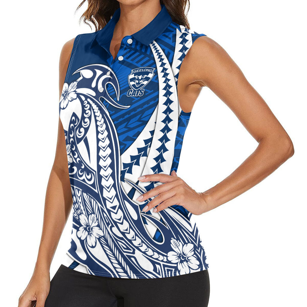 Personalized Geelong Cats Women Sleeveless Polo Shirt Polynesian Tribal Cat Mascot With Hibiscus Floral Art