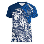 Personalized Geelong Cats Women V-Neck T-Shirt Polynesian Tribal Cat Mascot With Hibiscus Floral Art