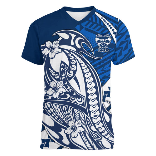 Personalized Geelong Cats Women V-Neck T-Shirt Polynesian Tribal Cat Mascot With Hibiscus Floral Art