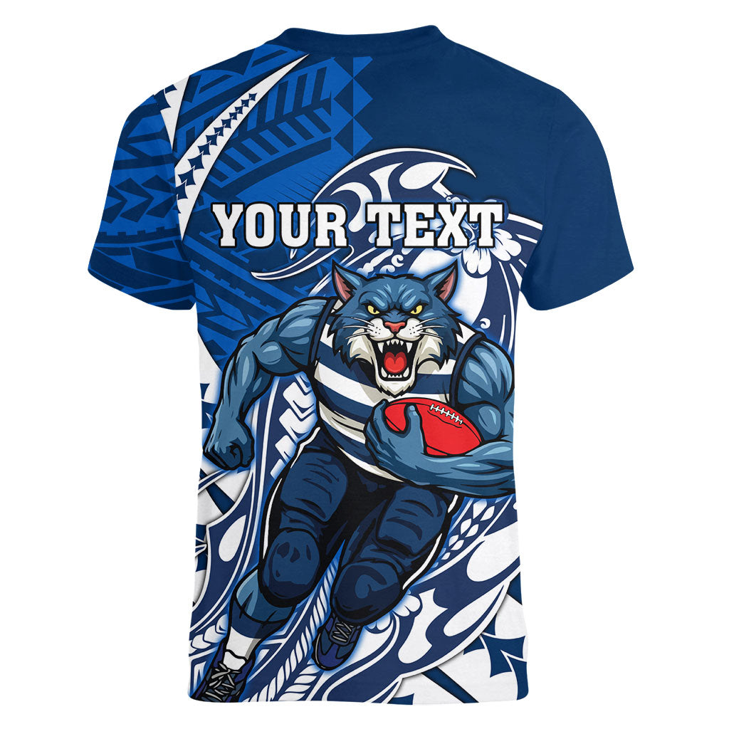 Personalized Geelong Cats Women V-Neck T-Shirt Polynesian Tribal Cat Mascot With Hibiscus Floral Art