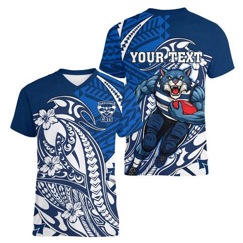 Personalized Geelong Cats Women V-Neck T-Shirt Polynesian Tribal Cat Mascot With Hibiscus Floral Art