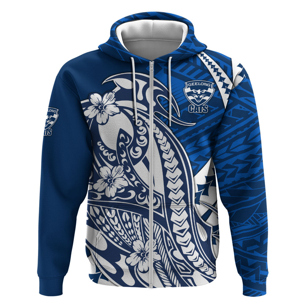 Personalized Geelong Cats Zip Hoodie Polynesian Tribal Cat Mascot With Hibiscus Floral Art