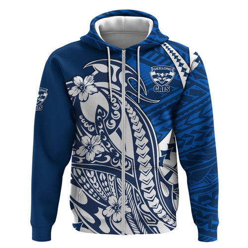 Personalized Geelong Cats Zip Hoodie Polynesian Tribal Cat Mascot With Hibiscus Floral Art