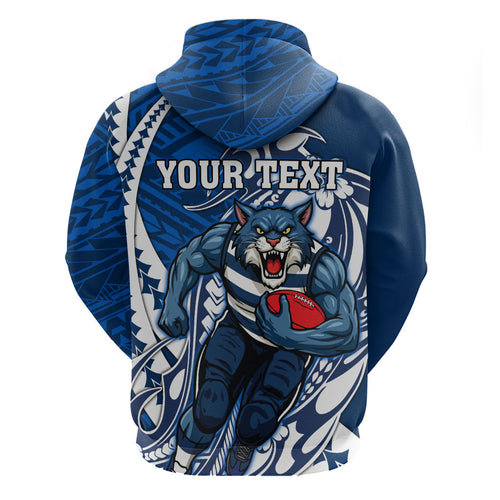 Personalized Geelong Cats Zip Hoodie Polynesian Tribal Cat Mascot With Hibiscus Floral Art
