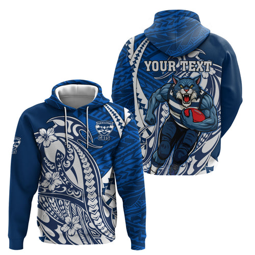 Personalized Geelong Cats Zip Hoodie Polynesian Tribal Cat Mascot With Hibiscus Floral Art