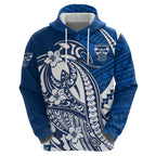 Personalized Geelong Cats Zip Hoodie Polynesian Tribal Cat Mascot With Hibiscus Floral Art