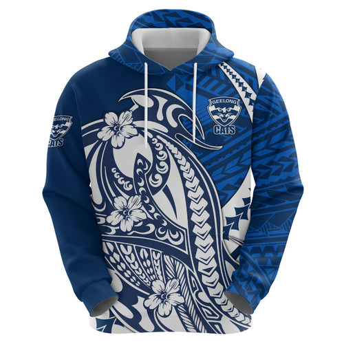 Personalized Geelong Cats Zip Hoodie Polynesian Tribal Cat Mascot With Hibiscus Floral Art