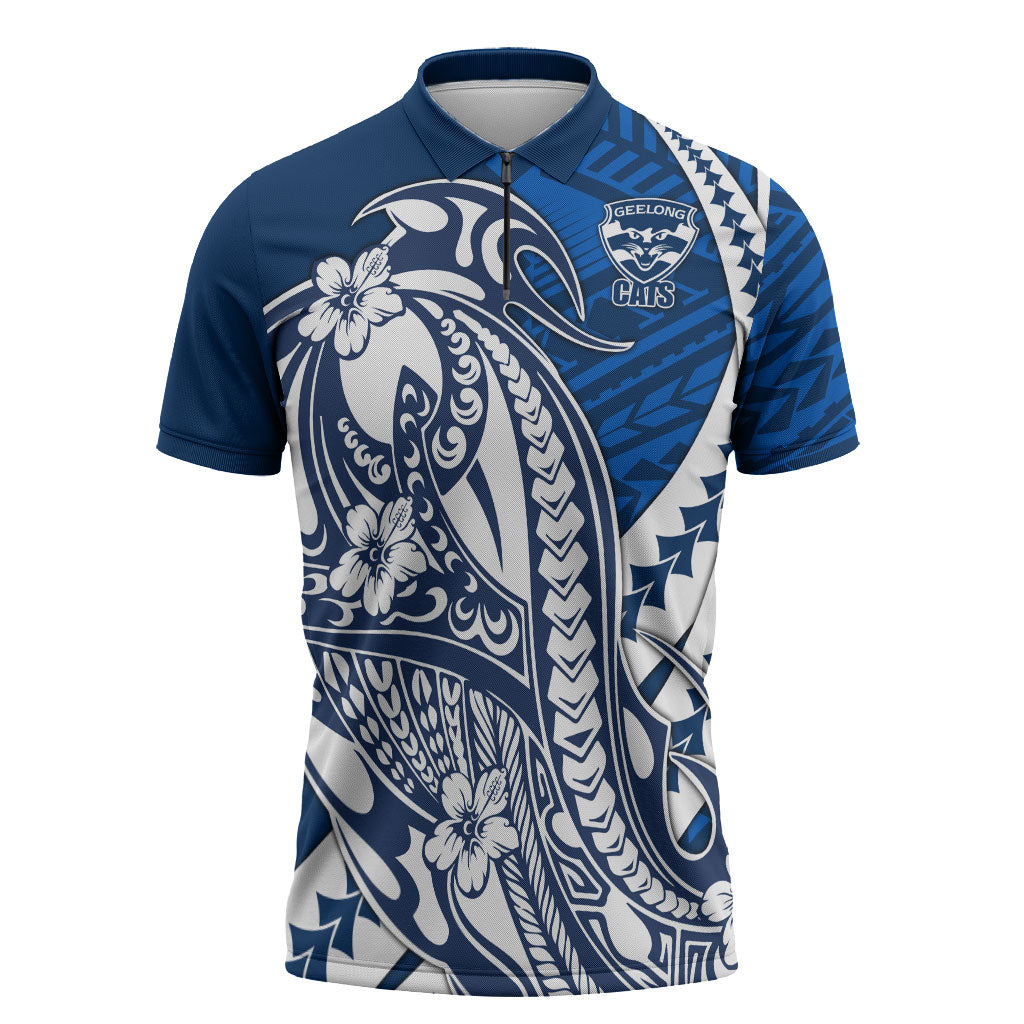 Personalized Geelong Cats Zipper Polo Shirt Polynesian Tribal Cat Mascot With Hibiscus Floral Art