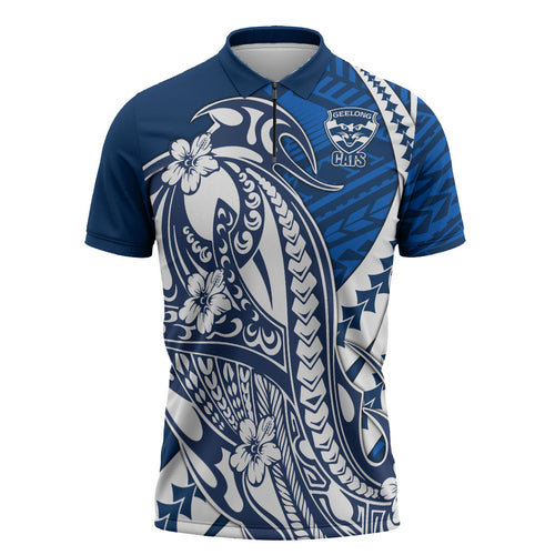 Personalized Geelong Cats Zipper Polo Shirt Polynesian Tribal Cat Mascot With Hibiscus Floral Art