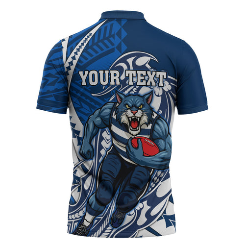 Personalized Geelong Cats Zipper Polo Shirt Polynesian Tribal Cat Mascot With Hibiscus Floral Art