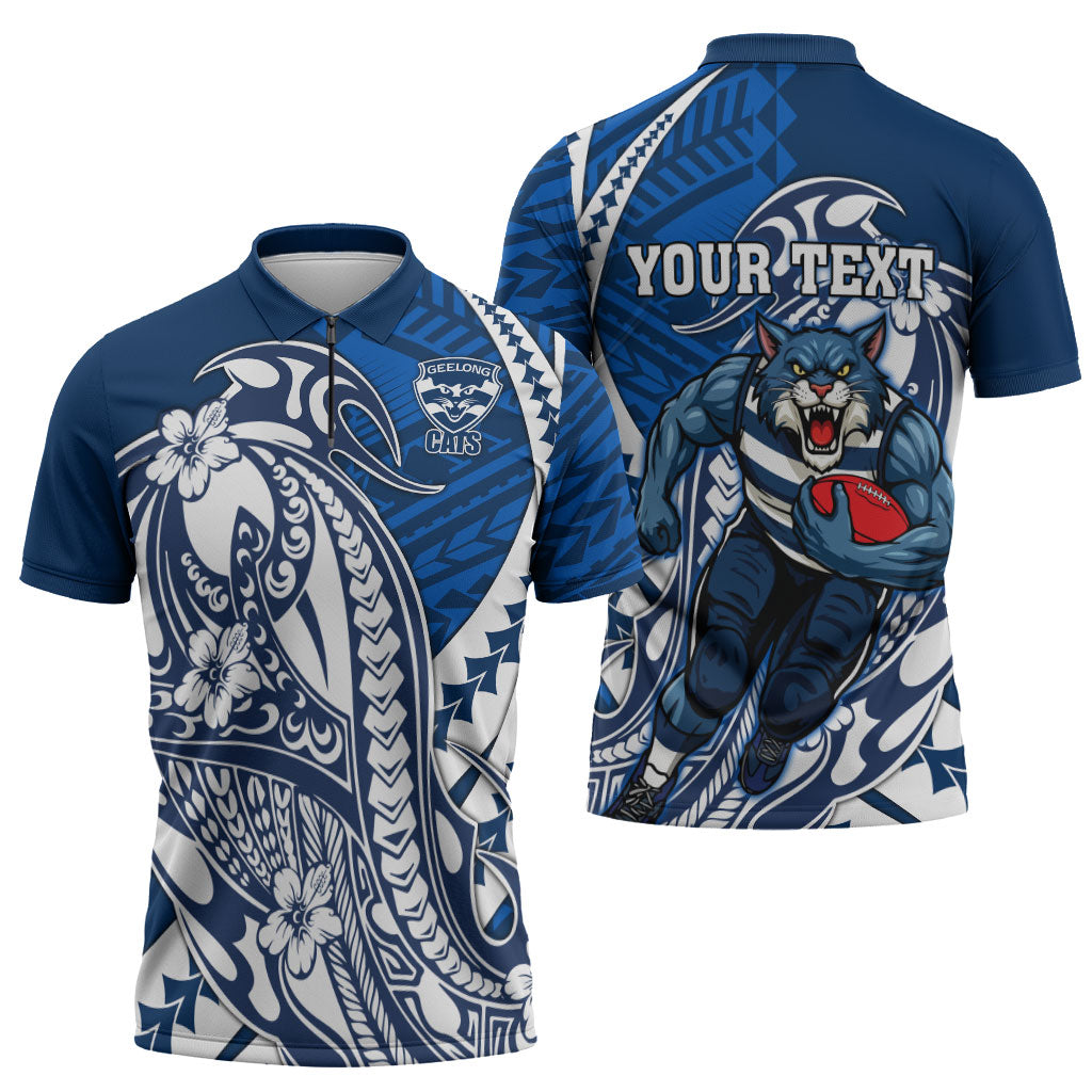 Personalized Geelong Cats Zipper Polo Shirt Polynesian Tribal Cat Mascot With Hibiscus Floral Art