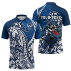 Personalized Geelong Cats Zipper Polo Shirt Polynesian Tribal Cat Mascot With Hibiscus Floral Art