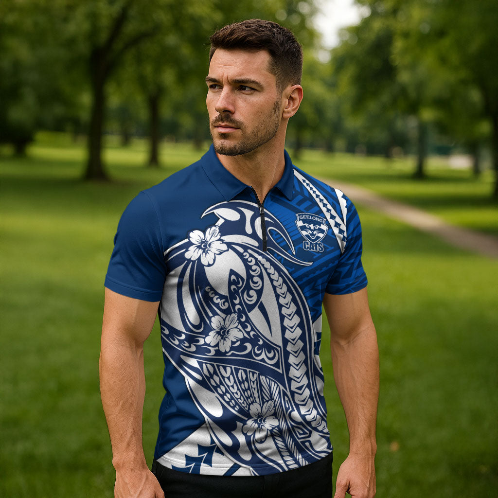 Personalized Geelong Cats Zipper Polo Shirt Polynesian Tribal Cat Mascot With Hibiscus Floral Art