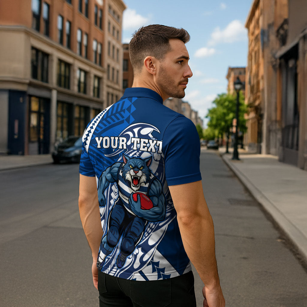 Personalized Geelong Cats Zipper Polo Shirt Polynesian Tribal Cat Mascot With Hibiscus Floral Art