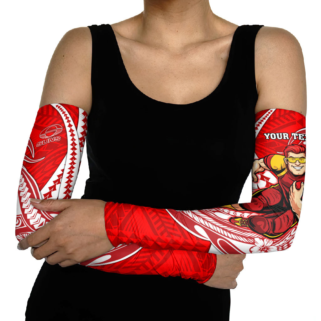 Personalized Gold Coast Suns Arm Sleeves Polynesian Tribal Sun Mascot With Hibiscus Floral Art