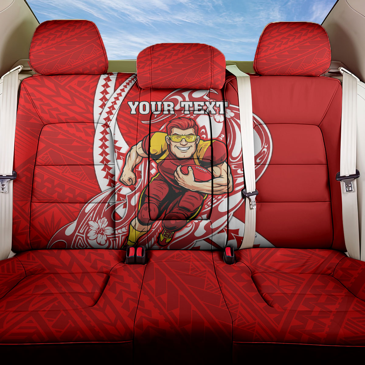 Personalized Gold Coast Suns Back Car Seat Cover Polynesian Tribal Sun Mascot With Hibiscus Floral Art