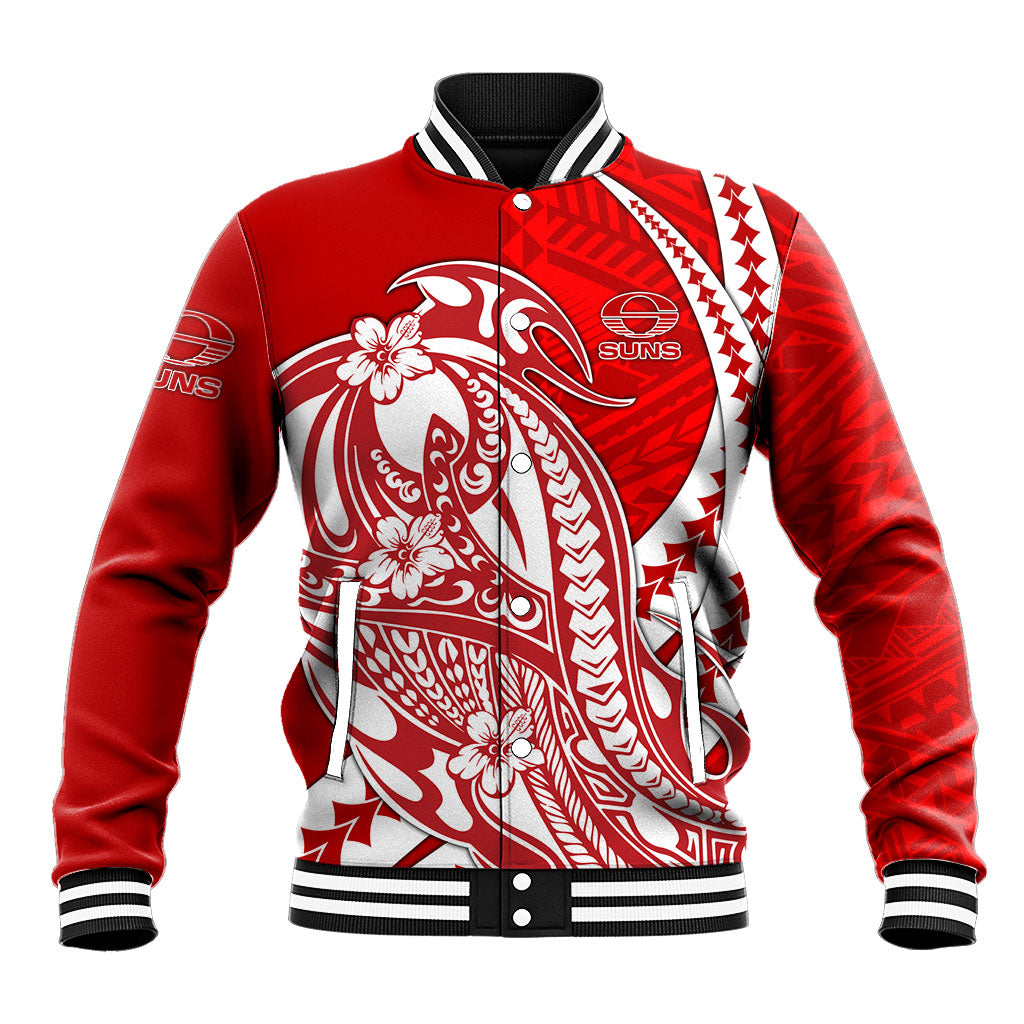 Personalized Gold Coast Suns Baseball Jacket Polynesian Tribal Sun Mascot With Hibiscus Floral Art