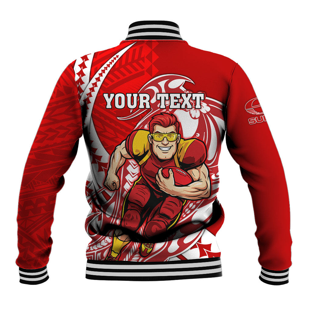 Personalized Gold Coast Suns Baseball Jacket Polynesian Tribal Sun Mascot With Hibiscus Floral Art