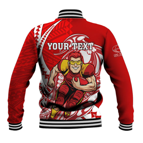 Personalized Gold Coast Suns Baseball Jacket Polynesian Tribal Sun Mascot With Hibiscus Floral Art