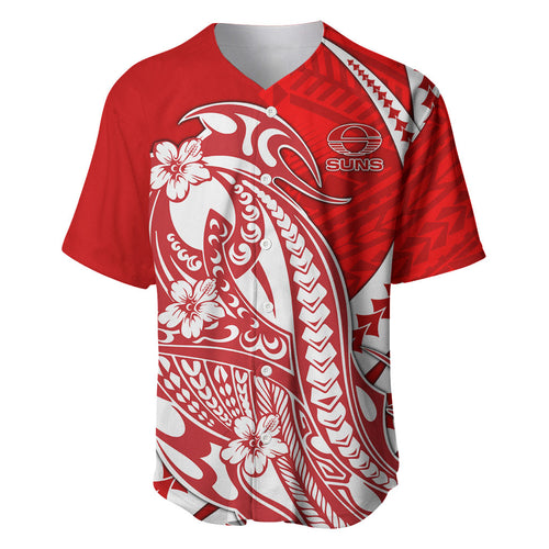 Personalized Gold Coast Suns Baseball Jersey Polynesian Tribal Sun Mascot With Hibiscus Floral Art