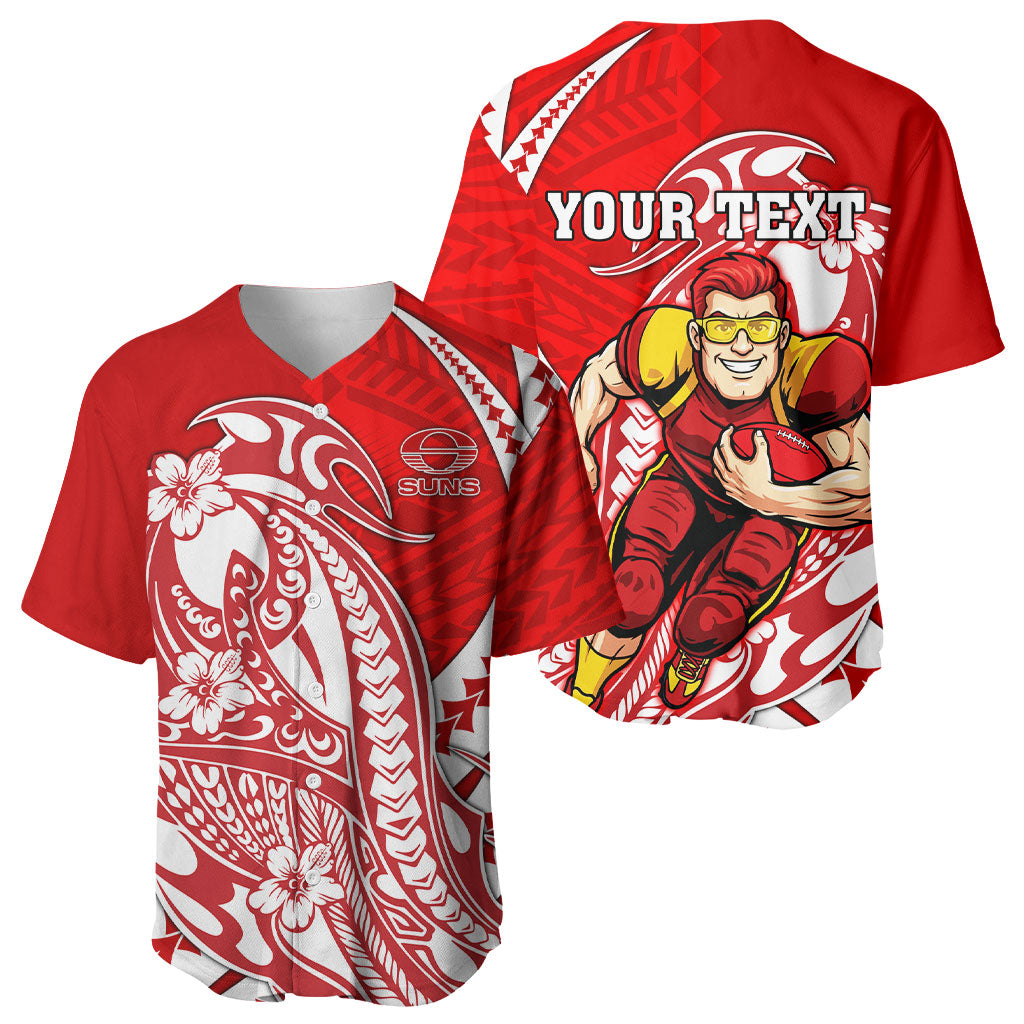 Personalized Gold Coast Suns Baseball Jersey Polynesian Tribal Sun Mascot With Hibiscus Floral Art