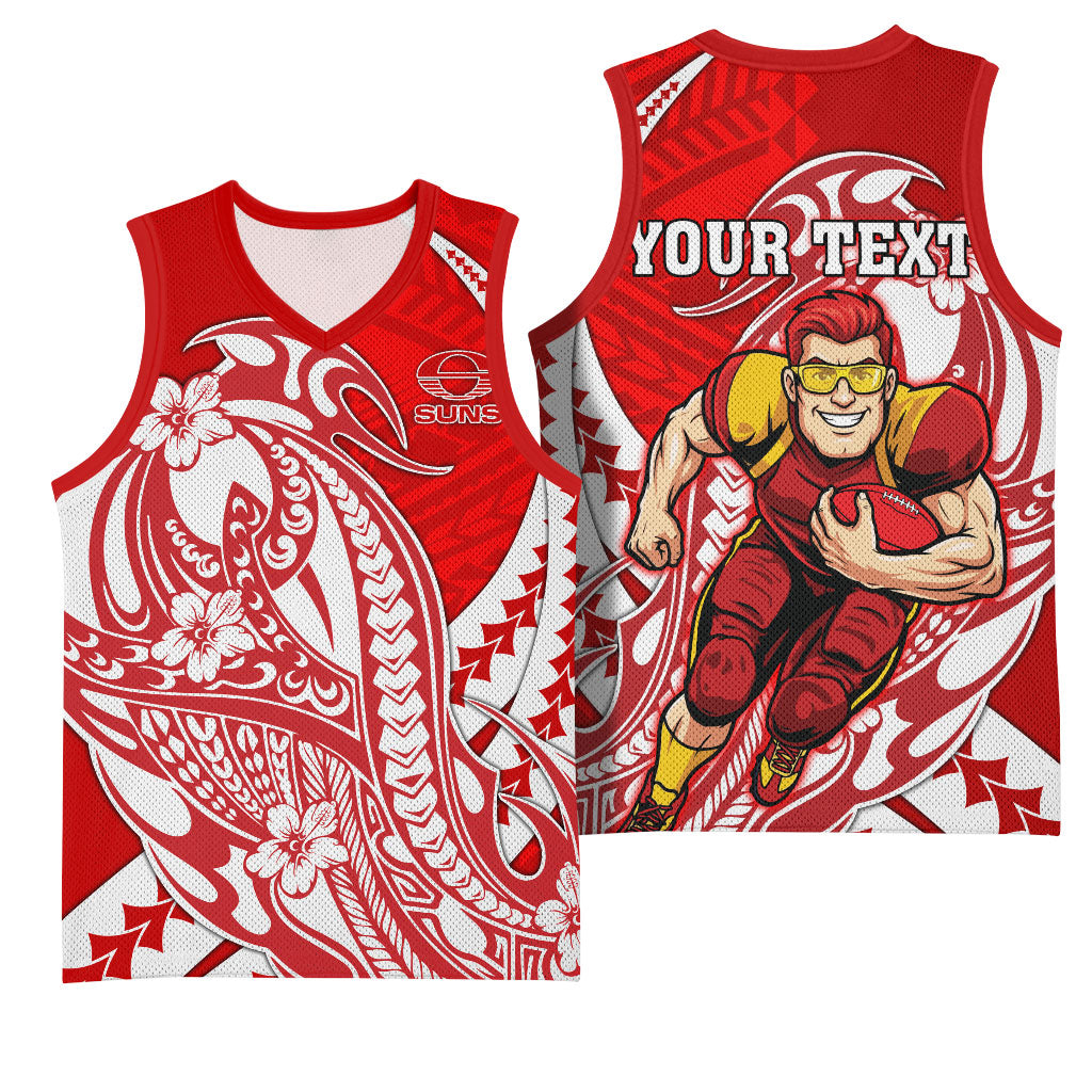 Personalized Gold Coast Suns Basketball Jersey Polynesian Tribal Sun Mascot With Hibiscus Floral Art