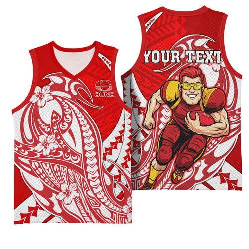 Personalized Gold Coast Suns Basketball Jersey Polynesian Tribal Sun Mascot With Hibiscus Floral Art