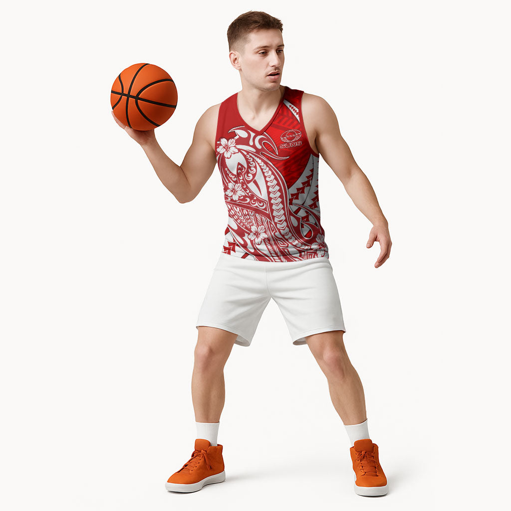 Personalized Gold Coast Suns Basketball Jersey Polynesian Tribal Sun Mascot With Hibiscus Floral Art
